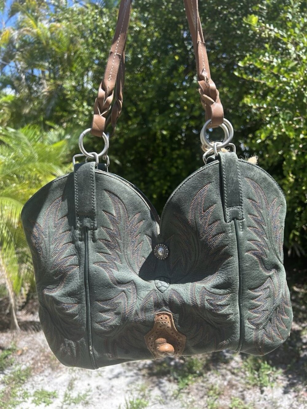Vtg Upcycled Cowboy Leather Boot Purse Gypsy Handmade Hippie BoHo Shoulder Ariat - Picture 2 of 11